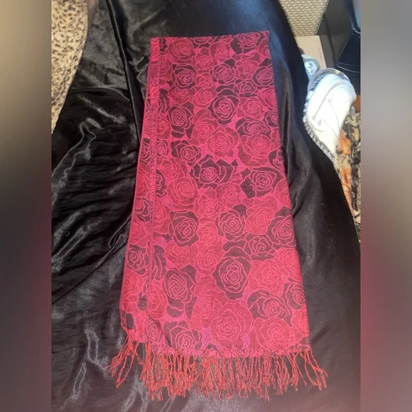 100% pashmina red black roses knit silk scarf wrap vintage genuine - Picture 3 of 5